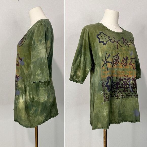 90s Blue Fish Hand Printed Organic Cotton Top Sz 0 / M Lagenlook Boho Artwear - Picture 3 of 10